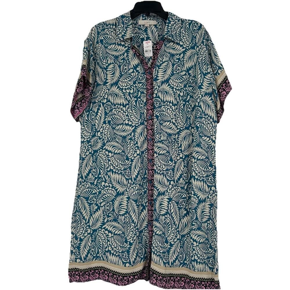 NEW LOFT Palm Leaf Shirt Dress Teal Beige Button Front Tropical Floral Size 12